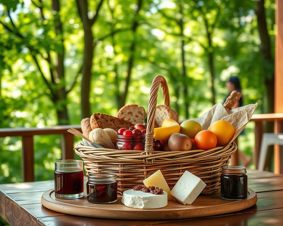 A beautifully arranged rustic breakfast basket filled with artisan bread, fresh fruits, local cheeses, and homemade jams, set on a wooden table in a luxurious treehouse hotel. In the background, lush green trees of the Schwarzwald create a serene and tranquil atmosphere, with soft dappled sunlight filtering through the leaves. The scene is captured from a slightly elevated angle to emphasize both the basket and the enchanting nature surrounding it. The mood is inviting and peaceful, evoking a sense of luxury and connection to nature, perfect for a culinary experience. The image should be bright and vibrant, with natural textures and warm tones, showcasing a delightful morning in this unique forest escape.
