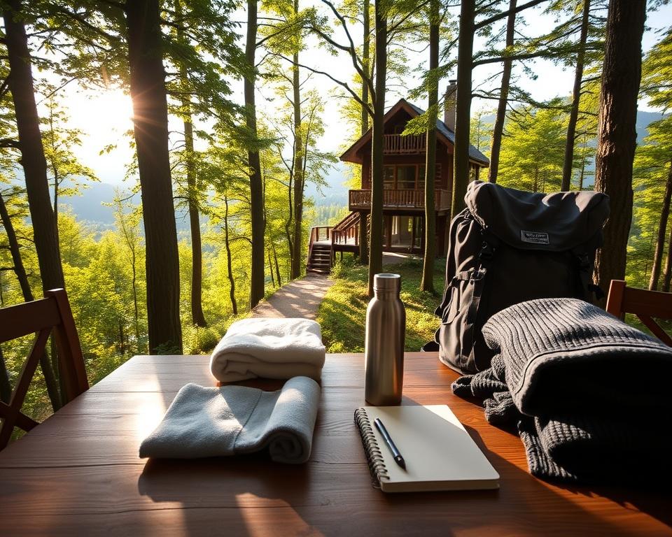 A detailed packing list for a luxury treehouse hotel experience in the Black Forest. In the foreground, an elegant wooden table displays neatly arranged essential items: a high-quality hiking backpack, plush eco-friendly towels, a stylish reusable water bottle, a cozy sweater, and a journal for notes. In the middle, soft sunlight filters through tall green trees, casting dappled shadows on a path leading toward a luxurious treehouse nestled among the branches. The background features the enchanting forest filled with vibrant foliage and distant mountains, evoking a sense of tranquility and adventure. The atmosphere is serene and inviting, highlighting the essence of a perfect getaway. The angle captures an expansive view, emphasizing both the treehouse and the lush surroundings while maintaining a warm, natural light.