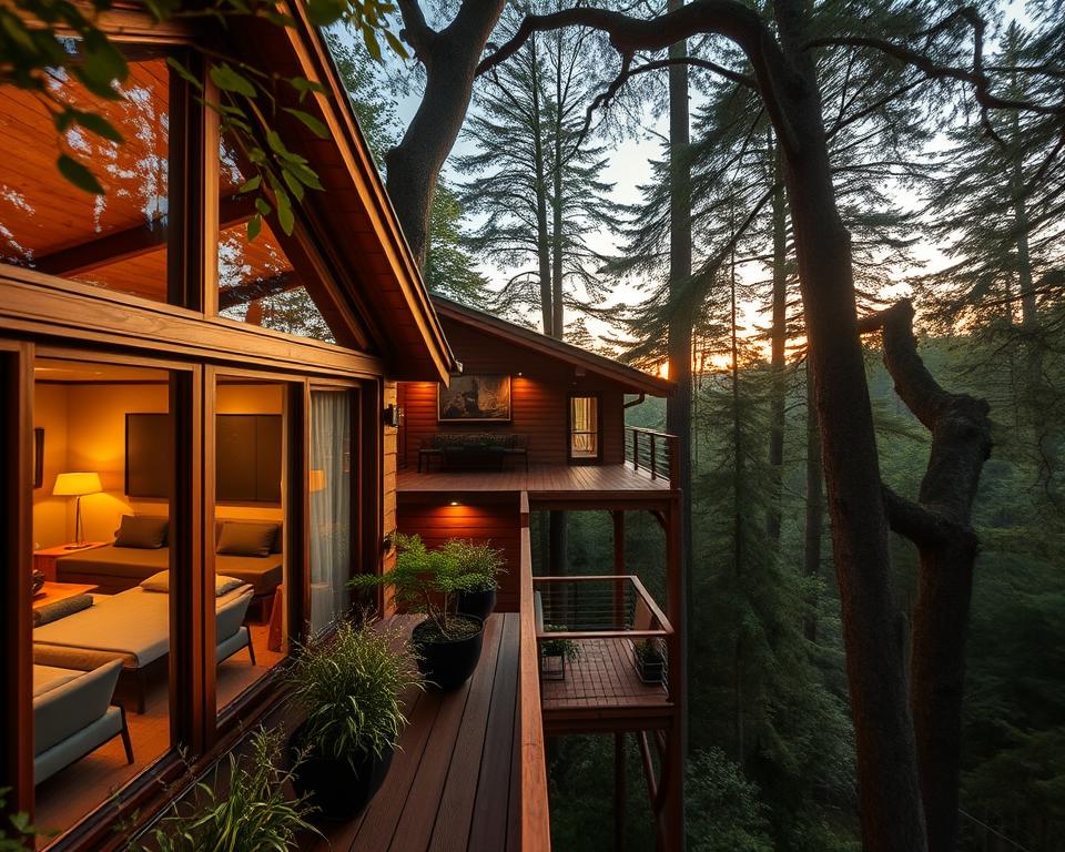 A luxurious adults-only Baumhaushotel nestled high among the trees in the Schwarzwald. In the foreground, a beautifully crafted wooden treehouse with large glass windows, showcasing a cozy, modern interior featuring elegant furnishings and ambient lighting. The middle ground features a serene balcony adorned with green plants, overlooking the lush, dense forest with towering trees and soft, dappled sunlight filtering through the leaves. In the background, a peaceful sunset casts warm, golden hues across the sky, creating a romantic and tranquil atmosphere. The scene evokes a sense of relaxation and sophistication, perfect for couples seeking a getaway. The angle captures the height of the treehouse from a low perspective, emphasizing its connection to nature.