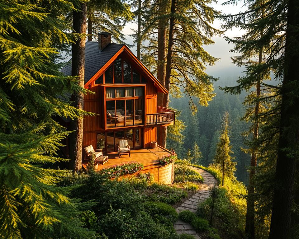 A luxurious treehouse hotel in the Black Forest, nestled among towering evergreen trees with rich green foliage. In the foreground, showcase an elegant wooden treehouse with large glass windows and a spacious balcony, adorned with comfortable seating and flowering plants. In the middle ground, lush, meandering trails lead to the treehouse, surrounded by vibrant forest life and sunlight filtering through the leaves, creating a warm and inviting atmosphere. In the background, the dense, misty woods stretch into the horizon, casting a serene, tranquil ambiance. Capture the scene with soft, golden hour lighting, using a wide-angle lens to emphasize the height of the treehouse and the enchanting beauty of nature surrounding it. The overall mood should reflect relaxation, luxury, and a deep connection to nature.