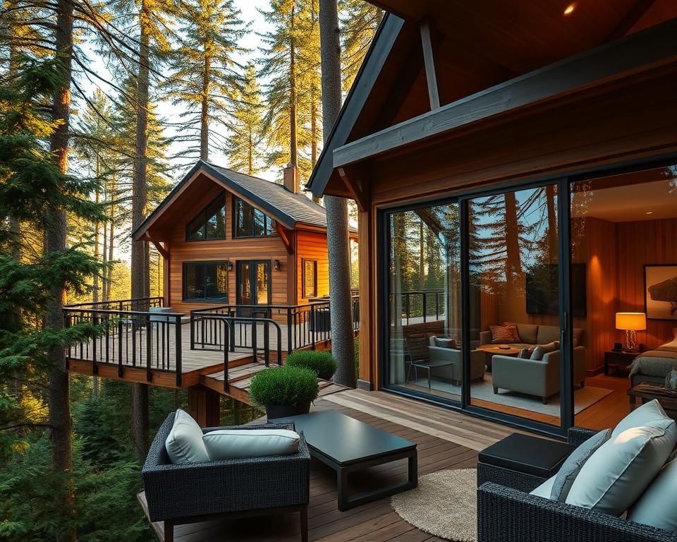 A luxurious treehouse hotel in the Black Forest, showcasing a stunning wooden structure elevated among the trees. In the foreground, a spacious balcony adorned with elegant outdoor furniture, offering a cozy seating area with plush cushions, overlooking the lush green canopy. The midground features large glass windows allowing natural light to flood a stylish interior with modern decor, highlighting elements of comfort and sophistication like a plush sofa and tasteful artwork. In the background, tall evergreen trees frame the scene, creating an atmosphere of serenity and privacy. The golden hour lighting casts a warm glow, enhancing the tranquil mood, with soft shadows playing on the wooden surfaces. The image captures a perfect blend of nature and luxury, inviting viewers into a private retreat.