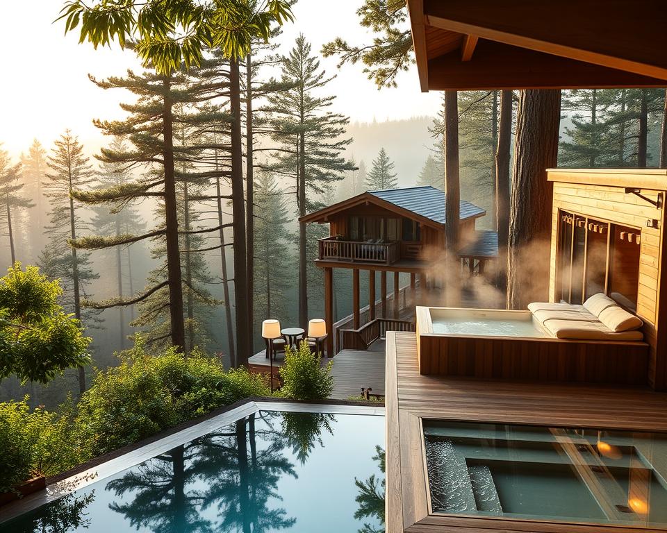 A luxurious treehouse hotel in the Schwarzwald, featuring a serene wellness area above the treetops. In the foreground, a modern outdoor spa with wooden decking, surrounded by lush green foliage, and a tranquil outdoor pool reflecting the surrounding nature. In the middle ground, elegant wooden treehouses with large glass windows offer stunning views, nestled among tall pine trees. The background showcases a misty forest landscape bathed in warm, golden sunlight, creating an inviting atmosphere. Soft ambient lighting highlights the natural wood textures, while delicate steam rises from the spa, enhancing the sense of relaxation. The overall mood is tranquil and rejuvenating, perfect for a wellness retreat amidst nature.