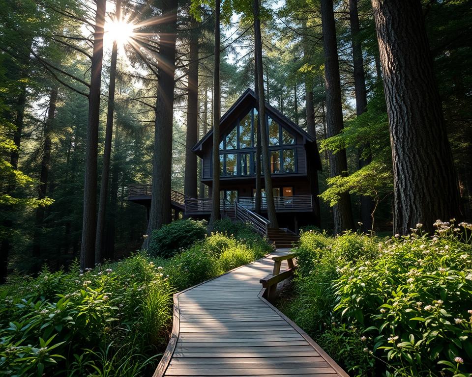 A luxurious treehouse hotel nestled in the enchanting Schwarzwald, surrounded by majestic, towering trees. In the foreground, a wooden path leads to the entrance, lined with vibrant green foliage and delicate wildflowers. The middle ground features the stunning treehouse structure with large windows and a spacious balcony, offering an inviting space that blends seamlessly with nature. In the background, soft sunlight filters through the dense canopy above, casting gentle, warm light and creating a serene, tranquil atmosphere. Capture this scene from a slightly elevated angle to emphasize both the grandeur of the trees and the elegant architecture of the hotel, evoking a sense of escape and relaxation in a lush forest setting.