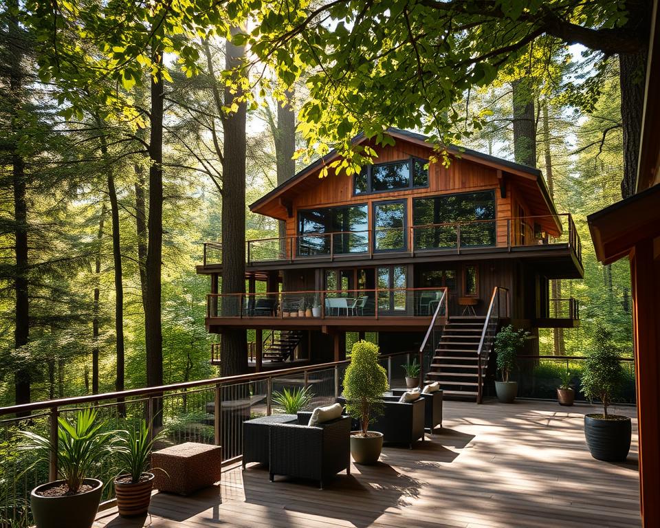 A luxurious treehouse hotel nestled in the heart of the Black Forest, showcasing sustainable architecture with wooden structures blending harmoniously into the natural surroundings. In the foreground, a spacious terrace adorned with comfortable seating and potted plants invites relaxation. The middle ground features the stylish treehouse, elevated among tall, lush trees, with large windows reflecting the green canopy. In the background, soft sunlight filters through the leaves, creating dappled light patterns on the forest floor. The scene exudes tranquility and eco-friendliness, ideal for a sustainable luxury getaway. The atmosphere is serene, with birds in flight and gentle breezes rustling the leaves. The image should capture a warm, inviting mood, emphasizing a unique connection to nature.