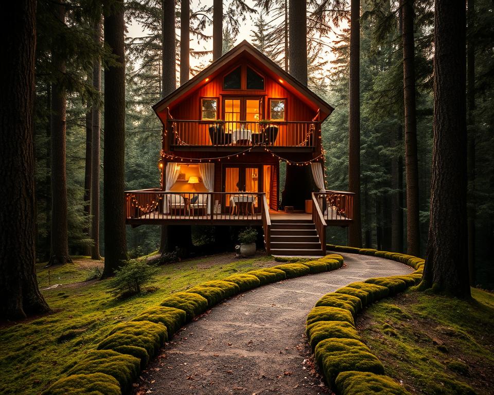 A romantic treehouse hotel nestled in the enchanting Black Forest, surrounded by lush greenery and tall, majestic trees. In the foreground, a beautifully designed wooden treehouse with a cozy balcony adorned with fairy lights, elegant seating, and a small table set for two. In the middle ground, a winding path lined with soft moss leads to the entrance of the treehouse, where a warm, inviting glow emanates from inside. In the background, the dense forest is bathed in soft, golden sunset light, creating a magical and intimate atmosphere. The scene conveys warmth and romance, perfect for celebrating a special weekend escape. Use a soft focus lens to enhance the dreamy quality of the image.