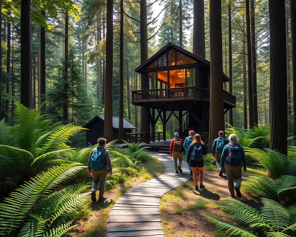 A serene hiking trail in the enchanting Black Forest, surrounded by tall, lush trees and vibrant green ferns. In the foreground, a winding path leads up to a luxurious treehouse nestled among the branches, with wooden decking and large windows reflecting the surrounding nature. The middle ground features hikers of diverse backgrounds, dressed in modest outdoor attire, enjoying the fresh air and taking pictures. The background showcases the dense forest, bathed in warm, dappled sunlight filtering through the leaves, creating a feeling of tranquility and adventure. The atmosphere is lively yet peaceful, evoking a sense of connection to nature and the thrill of outdoor exploration, captured from a slightly elevated angle to highlight the depth of the landscape.